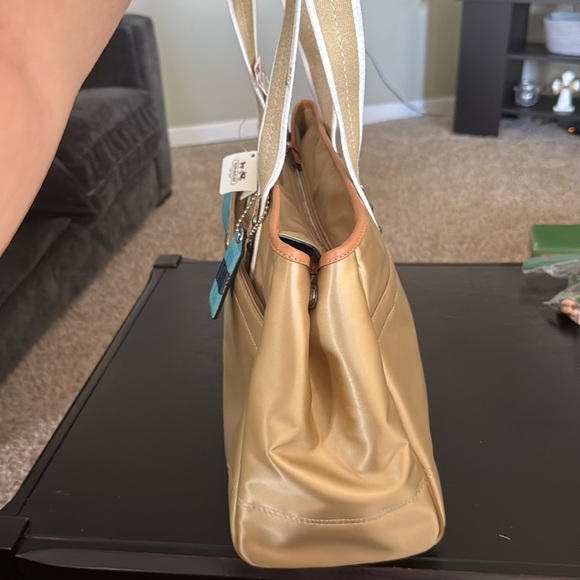 Coach gold and blue sateen nwt Hampton weekender leather trim - Picture 6 of 6